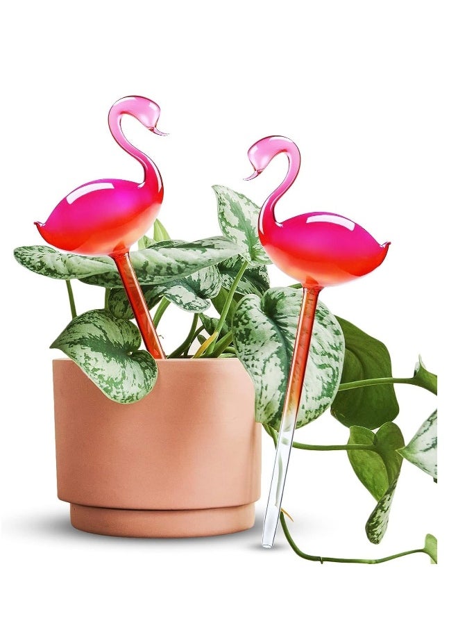 Self-Watering Glass Globes Flamingo Gradient Hot Pink Hand Blown Bulbs Pot Plant Waterer Home Indoor Outdoor Garden Patio Hanging Flower Aqua Spike Decorative Automatic Irrigation System 2PCS