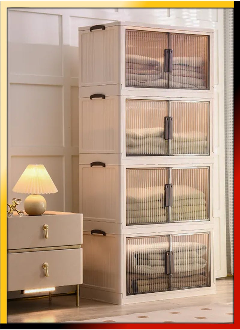 Stackable 4-Tier Plastic Storage Bins Large Clothes Cabinet Containers Organizer Box For Bedroom Kitchen Dorm Toys Room Office Foldable Clear Doors Closet Organization Multipurpose Rack Shelf Shelves