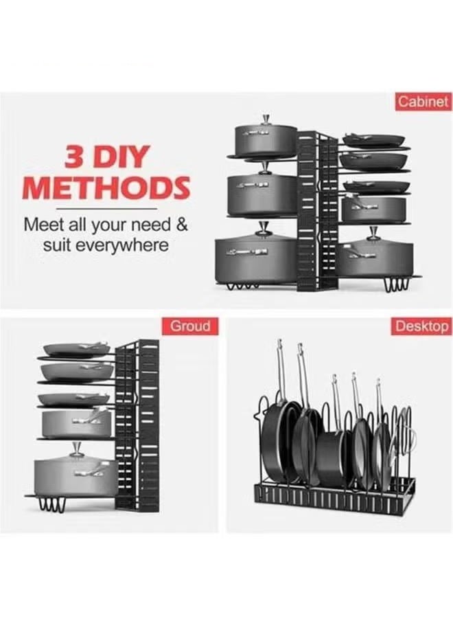 Multi-layer adjustable pot and bowl rack organizer, large-capacity pot lid rack and pot rack for kitchen cabinets and counters