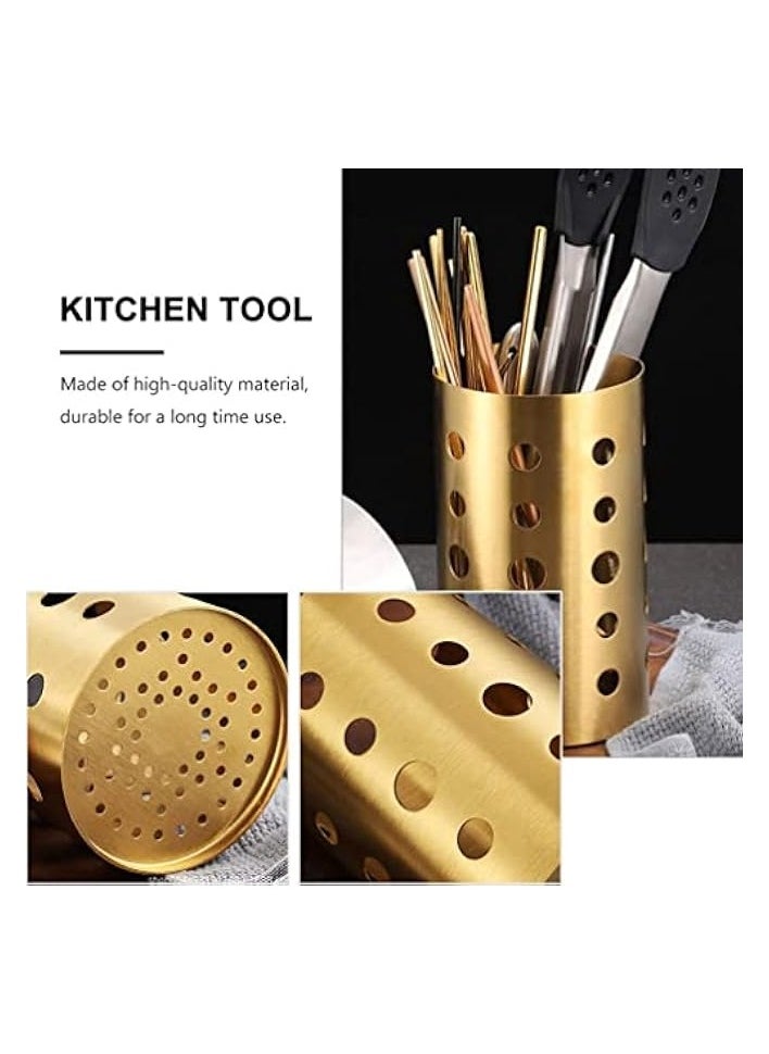 Stainless Steel Cylinder Chopstick Holder, Cutlery Rack Stand Spoon Fork Storage Rack Clothes Rack Caddy Basket Cutlery Cookware Gold