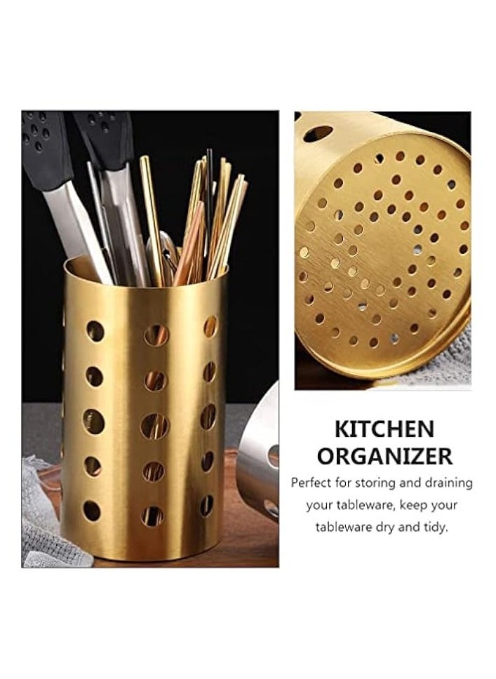 Stainless Steel Cylinder Chopstick Holder, Cutlery Rack Stand Spoon Fork Storage Rack Clothes Rack Caddy Basket Cutlery Cookware Gold