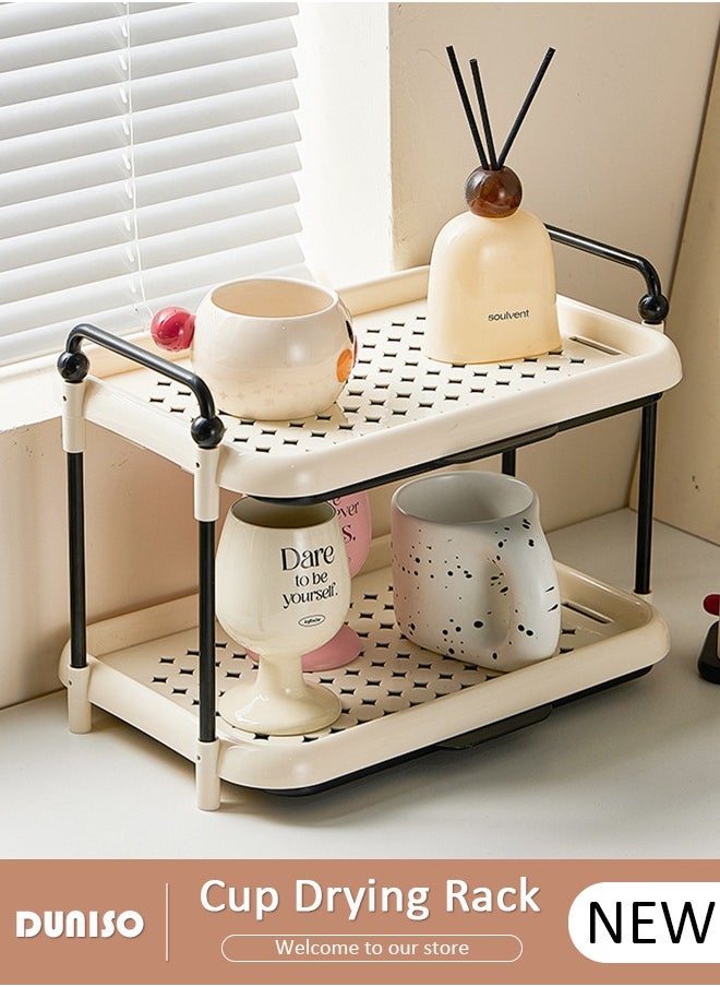 2-Tier Cups Mugs Drying Rack with Removable Drain Tray,Multi-Functional Storage Rack with Handle, Countertop Coffee Cup Organizer Shelf,Countertop Bathroom Organizer,Tray Holder for Home, Bathroom, Kitchen Glass cup and Food