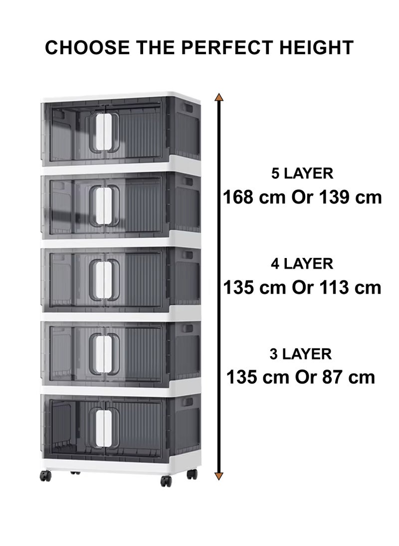 Collapsible Storage Cabinet Rack with Wheels, Heavy-Duty PP Material, Glossy Modern Design, Foldable and Portable, Multi-Layer Storage for Home, Office, Kitchen, Bathroom, Outdoor Use, Secure Double Door Lock, Easy to Clean and Assemble, Available in 6 Sizes for Versatile Storage Needs