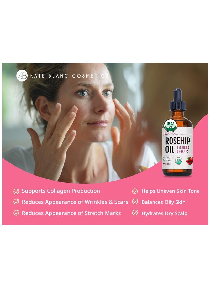 Rosehip Oil for Face & Skin USDA Organic Rosehip Seed Oil for Gua Sha Massage & Face Oil. 100% Pure, Cold Pressed Rose Hip Oil for Acne Scars & Facial Oil