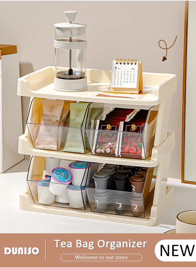 Three-Layer Tea Bag Organizer, Detachable Plastic Tea Storage Box with Lid, Tea Bag Holder, Coffee Pod Holder, Tea Bags Container Dispenser, Multi-Functional Countertop Organizer for Sugar Packet, Coffee, in Kitchen, Countertop, Pantry