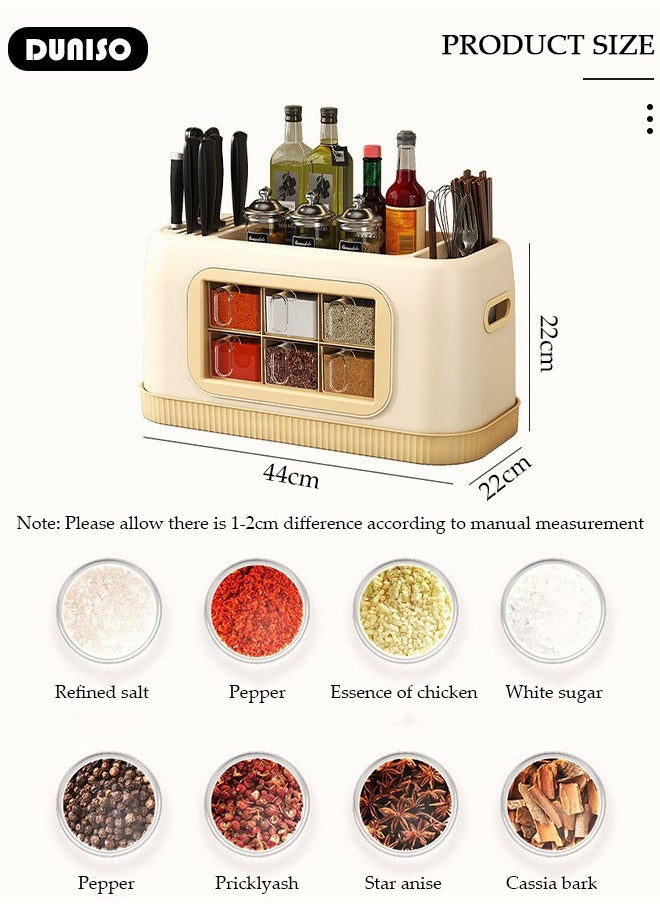 Kitchen Spice Organizer, Drawer Spice Racks with Spoon and Lid, 6-Cell Seasoning Storage Box with Top Store Table, PP Container for Salt Sugar Pepper Spice,Space Saving Spice Rack for Countertop, Cabinet,Spice Box for Pantry, Kitchen