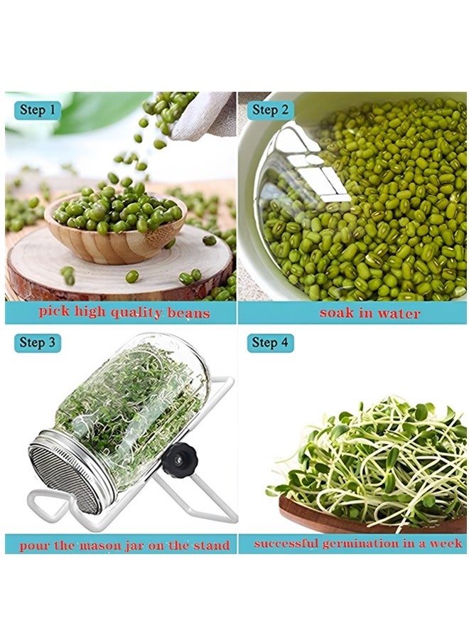 Jar Sprouting Kit-2pack 32oz Complete Wide Mouth Jar Sprouting Kit with Stainless Steel Sprouter Lids,Stand &Tray,Sprouting Jars for Bean Broccoli Alfalfa Radish Sunflower Seed