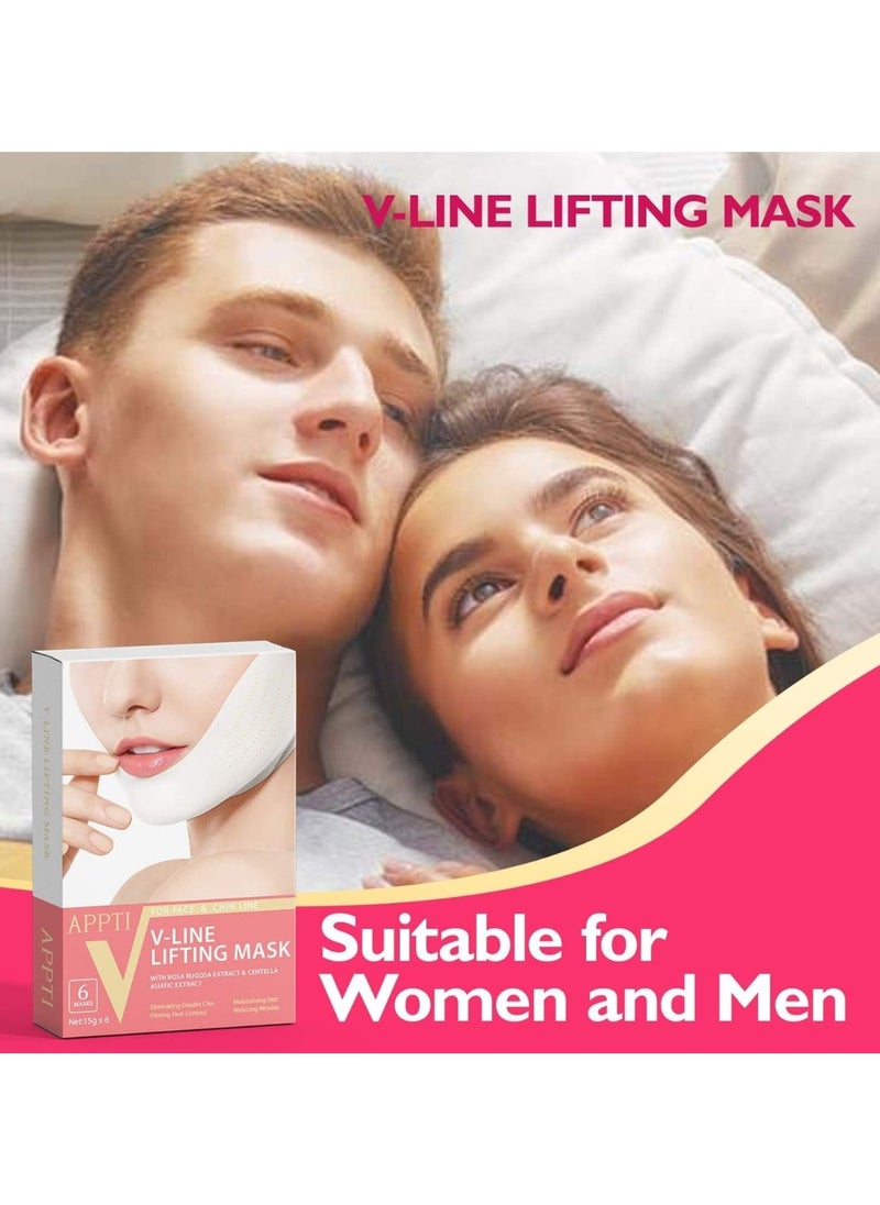 6Pcs V Line Facial Lifting Mask V Shaped Face and Chin Up Belt Reduce Sagging and Fights Aging Signs Lift Jawline Face Slimming Patch Double Chin Reducer Strap White V Line Face Bandage