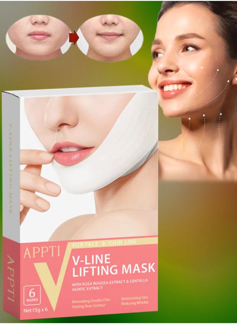 6Pcs V Line Facial Lifting Mask V Shaped Face and Chin Up Belt Reduce Sagging and Fights Aging Signs Lift Jawline Face Slimming Patch Double Chin Reducer Strap White V Line Face Bandage