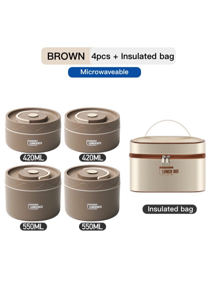 Stainless Steel Lunch Box Leakproof Bento Box Insulated Lunch Container with Tableware & Insulation Bag for Kids Adults School and Office Hot Water and Microwave Heating (4pcs, Brown)