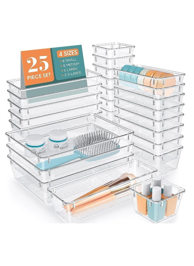 25 PCS Clear Plastic Drawer Organizer Set, 4 Sizes Desk Drawer Divider Organizers and Storage Bins for Makeup, Jewelry, Gadgets for Kitchen, Bedroom, Bathroom, Office (Clear)