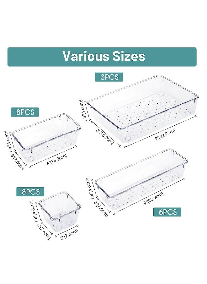 25 PCS Clear Plastic Drawer Organizer Set, 4 Sizes Desk Drawer Divider Organizers and Storage Bins for Makeup, Jewelry, Gadgets for Kitchen, Bedroom, Bathroom, Office (Clear)