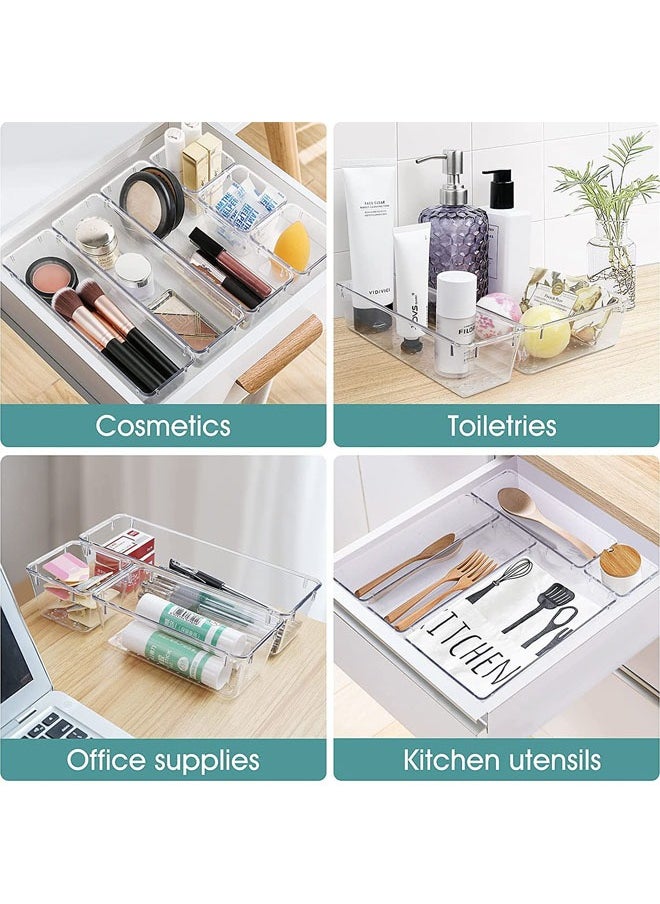 7 PCS Clear Plastic Drawer Organizer Set 4 Sizes Desk Drawer Divider Organizers and Storage Bins for Makeup Jewelry Gadgets for Kitchen Bedroom Office Bathroom Office