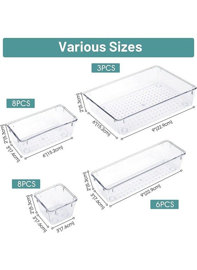 7 PCS Clear Plastic Drawer Organizer Set 4 Sizes Desk Drawer Divider Organizers and Storage Bins for Makeup Jewelry Gadgets for Kitchen Bedroom Office Bathroom Office