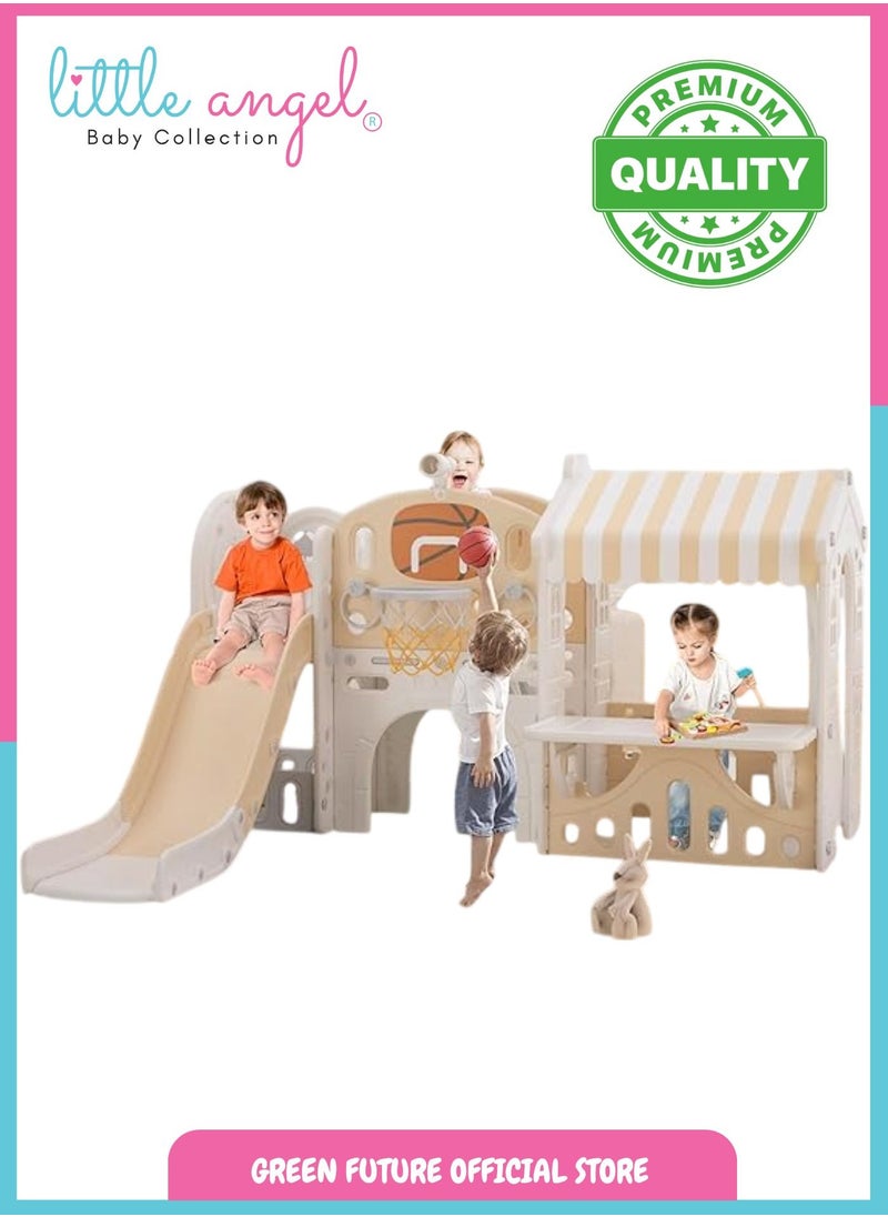 Kids Playhouse with Slide - Multi-Functional Activity Center for Indoor and Outdoor Use, Includes Basketball Hoop, Ring Toss, and Tea Playset