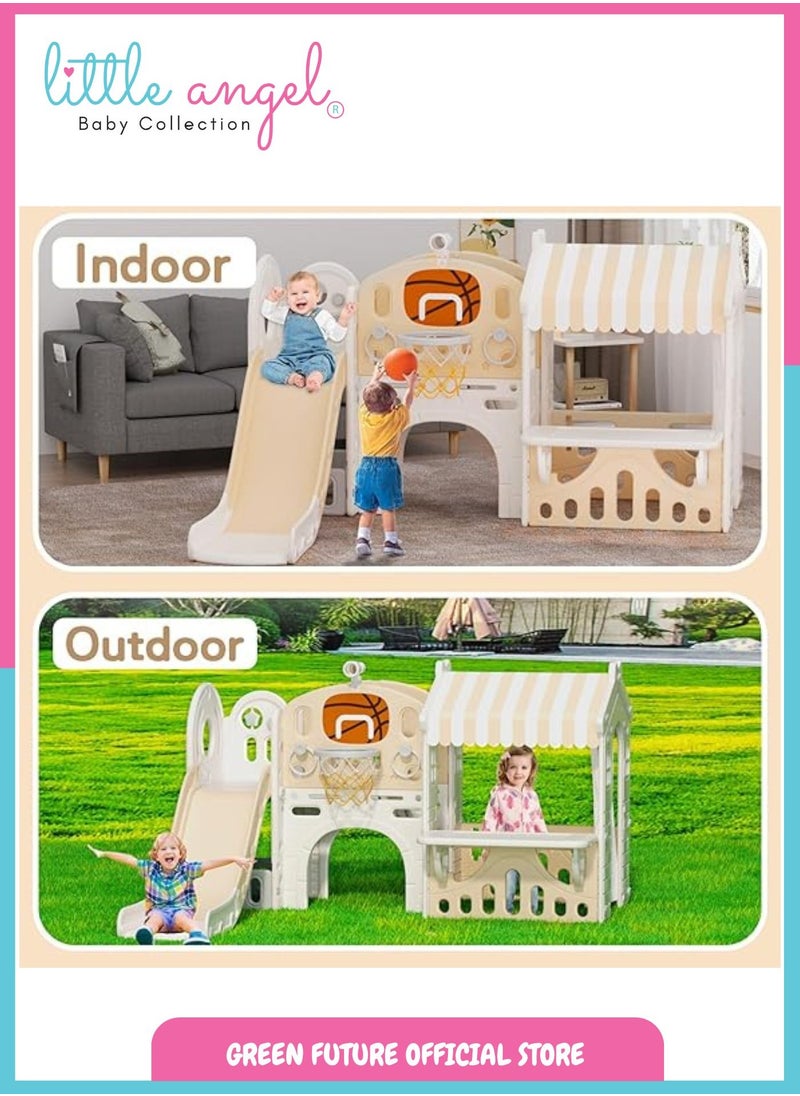 Kids Playhouse with Slide - Multi-Functional Activity Center for Indoor and Outdoor Use, Includes Basketball Hoop, Ring Toss, and Tea Playset