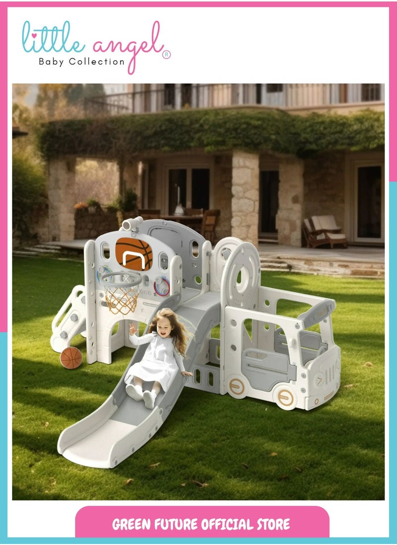 Kids Playhouse with Slide - Multi-Functional Activity Center for Indoor and Outdoor Use, Includes Basketball Hoop, Ring Toss, and Tea Playset