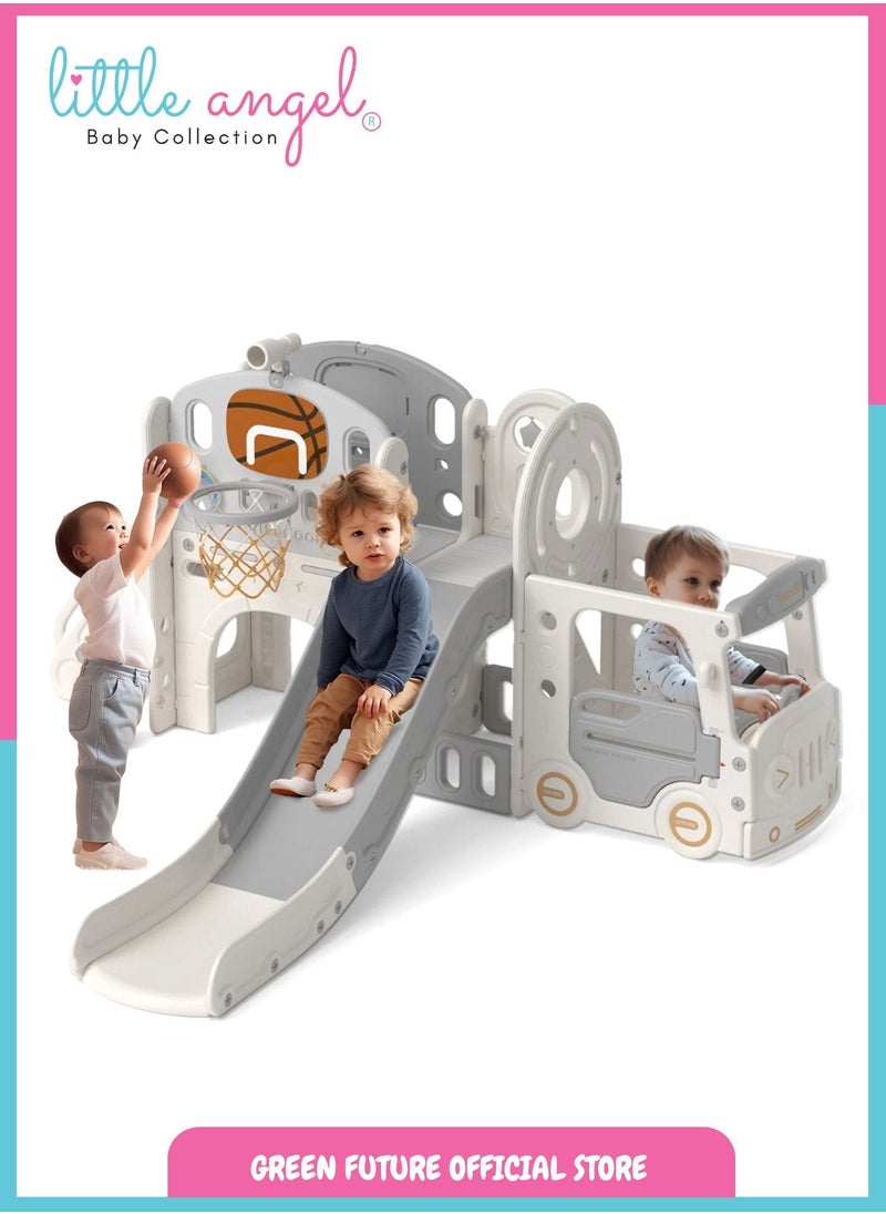 Kids Playhouse with Slide - Multi-Functional Activity Center for Indoor and Outdoor Use, Includes Basketball Hoop, Ring Toss, and Tea Playset