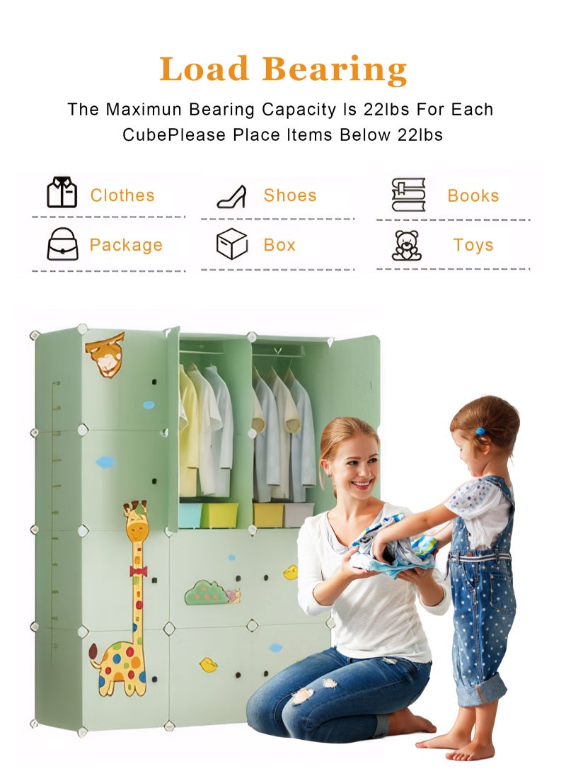 Kids Closet,Baby Wardrobe Closet with Door,Cute Portable Armoire Dresser,Clothes Hanging Storage Rack for Boy and Girl Bedroom,Green,12 Cube(57.5x43.3x14.6inch/146x110x37cm)