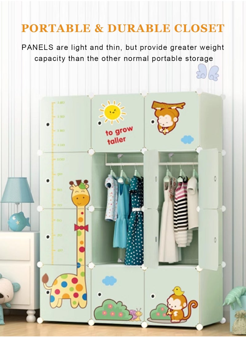 Kids Closet,Baby Wardrobe Closet with Door,Cute Portable Armoire Dresser,Clothes Hanging Storage Rack for Boy and Girl Bedroom,Green,12 Cube(57.5x43.3x14.6inch/146x110x37cm)