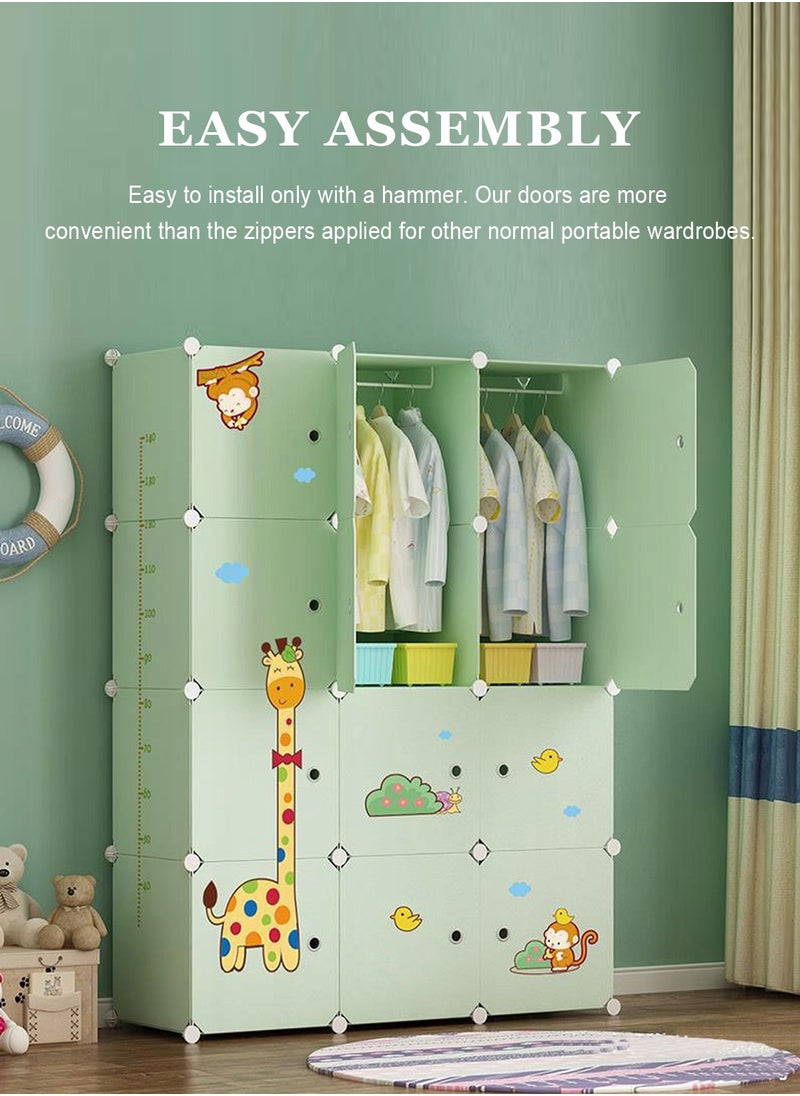 Kids Closet,Baby Wardrobe Closet with Door,Cute Portable Armoire Dresser,Clothes Hanging Storage Rack for Boy and Girl Bedroom,Green,12 Cube(57.5x43.3x14.6inch/146x110x37cm)