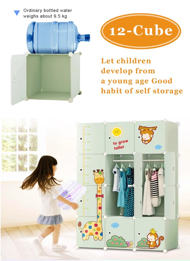 Kids Closet,Baby Wardrobe Closet with Door,Cute Portable Armoire Dresser,Clothes Hanging Storage Rack for Boy and Girl Bedroom,Green,12 Cube(57.5x43.3x14.6inch/146x110x37cm)