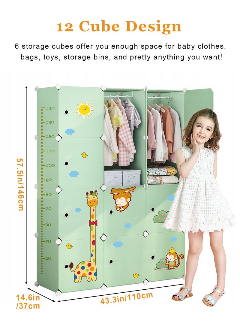 Kids Closet,Baby Wardrobe Closet with Door,Cute Portable Armoire Dresser,Clothes Hanging Storage Rack for Boy and Girl Bedroom,Green,12 Cube(57.5x43.3x14.6inch/146x110x37cm)