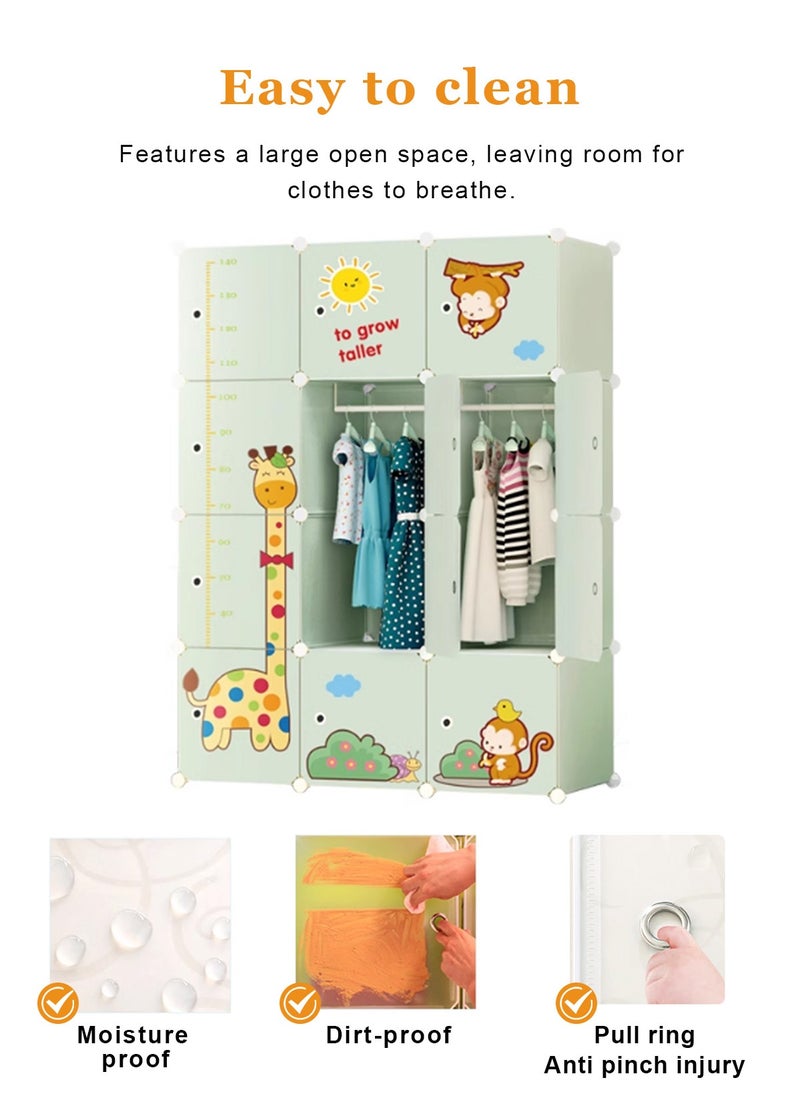 Kids Closet,Baby Wardrobe Closet with Door,Cute Portable Armoire Dresser,Clothes Hanging Storage Rack for Boy and Girl Bedroom,Green,12 Cube(57.5x43.3x14.6inch/146x110x37cm)