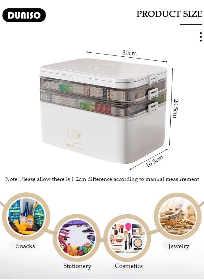 Family Medicine Storage Box Container, 3 Layers Folding First Aid Box Organizer with Locking Lid Handle, Multipurpose Durable Craft Tool Case Plastic Professional Emergency Bin for Home Travel Car Camping Office