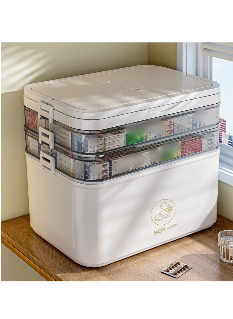 Family Medicine Storage Box Container, 3 Layers Folding First Aid Box Organizer with Locking Lid Handle, Multipurpose Durable Craft Tool Case Plastic Professional Emergency Bin for Home Travel Car Camping Office