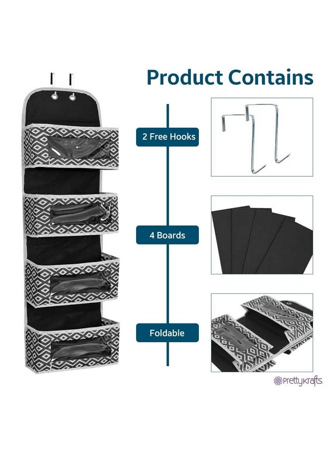 Over Door Hanging Organizer With 4 Large Pockets,Wall Mount Storage With Clear Windows And 2 Metal Hooks, Non-Woven Fabric Closet Organizer For Bedroom Nursery Pantry Toys (Diam Black)