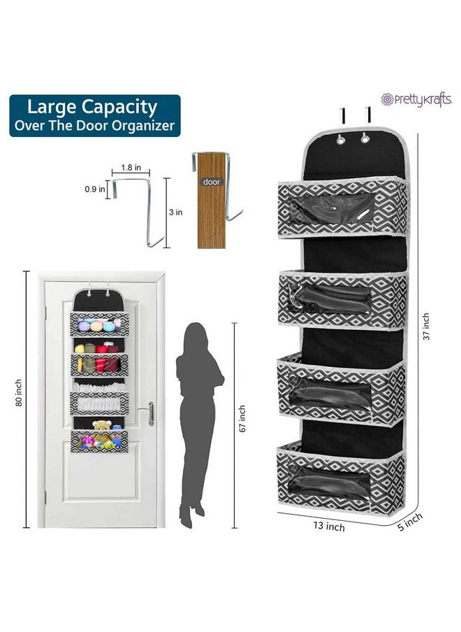 Over Door Hanging Organizer With 4 Large Pockets,Wall Mount Storage With Clear Windows And 2 Metal Hooks, Non-Woven Fabric Closet Organizer For Bedroom Nursery Pantry Toys (Diam Black)