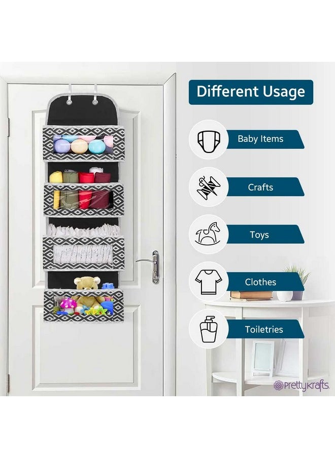 Over Door Hanging Organizer With 4 Large Pockets,Wall Mount Storage With Clear Windows And 2 Metal Hooks, Non-Woven Fabric Closet Organizer For Bedroom Nursery Pantry Toys (Diam Black)