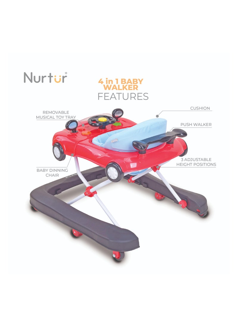 Nurtur 4 In 1 Baby Multi Walker-rocking Function- Music - 5 Height Adjustment- feeding table, car mould, easy fold - Multi