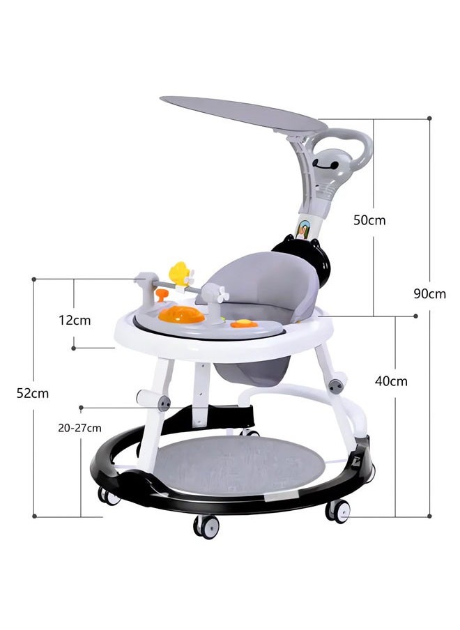 Baby Walker 5 in 1 Foldable Baby Walker with Wheels Music Baby Toddler Walker with Push Handle Baby Bouncer Food Tray Sunshade Baby Walkers Grey for Babies 6 to 12 Months Boys Girls