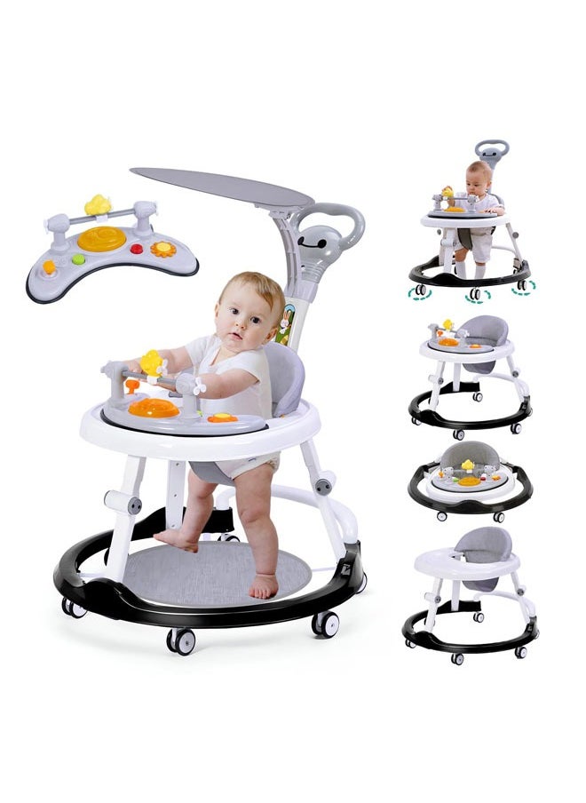 Baby Walker 5 in 1 Foldable Baby Walker with Wheels Music Baby Toddler Walker with Push Handle Baby Bouncer Food Tray Sunshade Baby Walkers Grey for Babies 6 to 12 Months Boys Girls