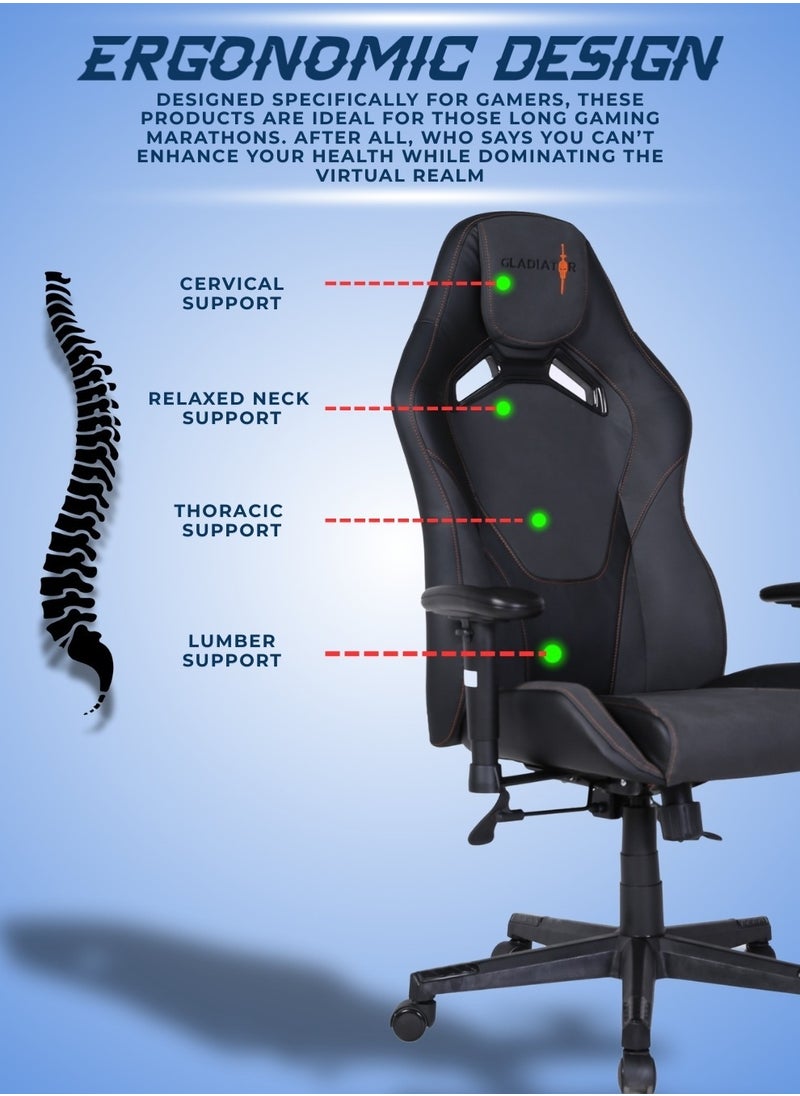 Elite Ergonomic Gaming Chair with Adjustable Lumbar and Neck Support, Reclining Function, and High-Back Design for Professional Gamers 127 x 73cm