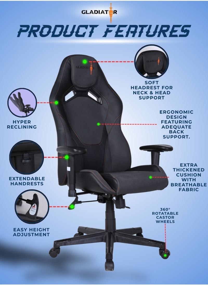 Elite Ergonomic Gaming Chair with Adjustable Lumbar and Neck Support, Reclining Function, and High-Back Design for Professional Gamers 127 x 73cm