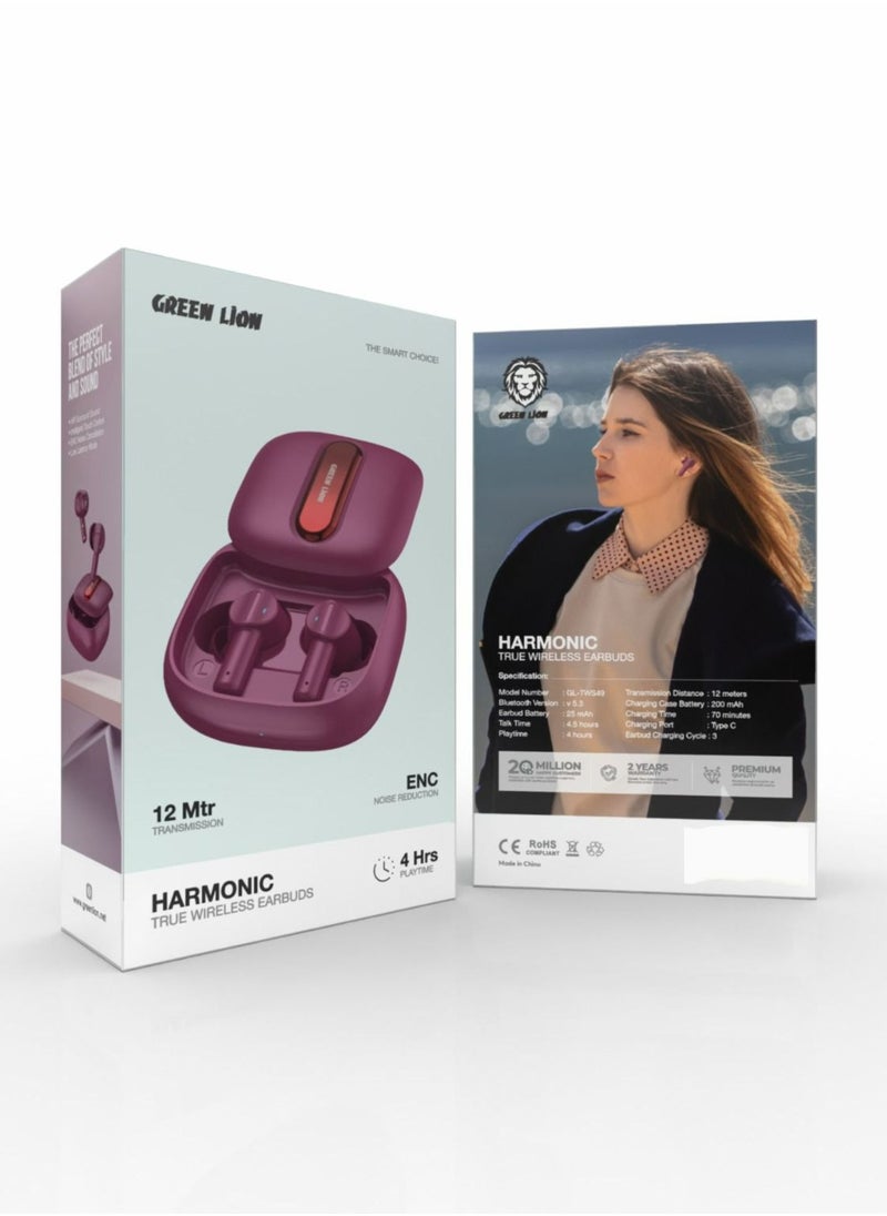 Harmonic True Wireless Earbuds|12 Mtr Transmission & ENC Noise Reduction | 4 Hours Playtime with Type C Charging Port - Burgundy