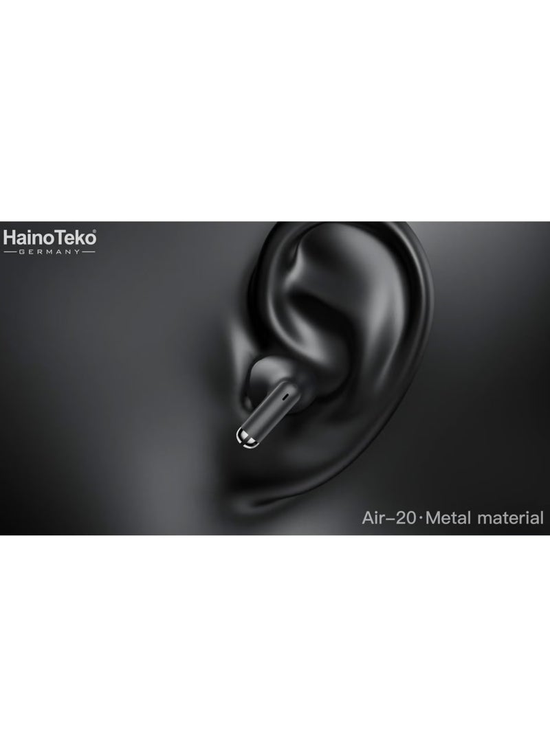 Air-20 Metal Bluetooth Earphones with High Bass Music Technology, Super Clear Microphone, Multifunctional Touch Control, Compatible with iPhones and iPads, Black