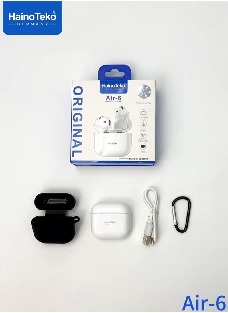 Air-6 Bluetooth Earphones with Built-in Speaker, Multi-Functional Touch Control, and Microphone, Compatible with iPhones and iPads, White