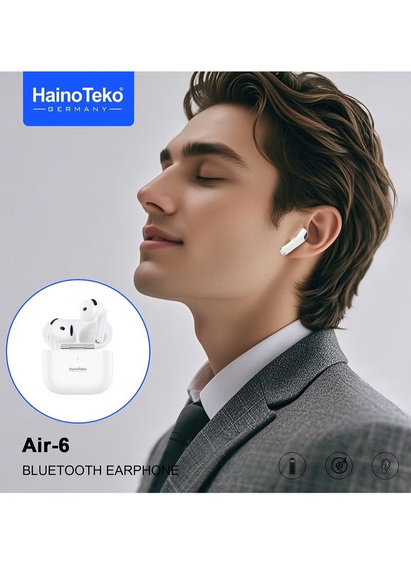 Air-6 Bluetooth Earphones with Built-in Speaker, Multi-Functional Touch Control, and Microphone, Compatible with iPhones and iPads, White