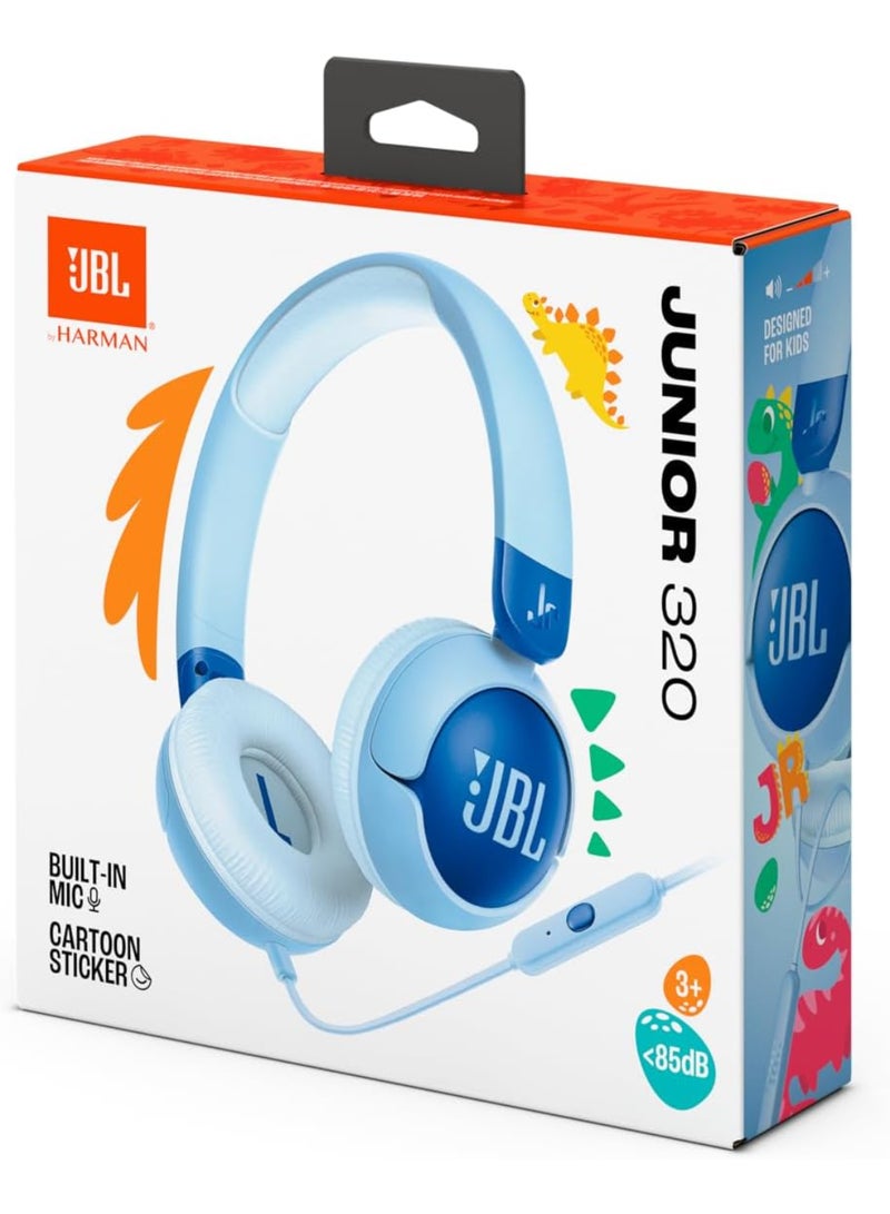 Jr 320 Kids Wired On-Ear Headphones, Safe Sound (<85dB), Built-In Mic, Sof Padded Headband, Comfortable Ear Cushion, Compact and Foldable Design, Single-Side Flat Cable - JBLJR320BLU Blue