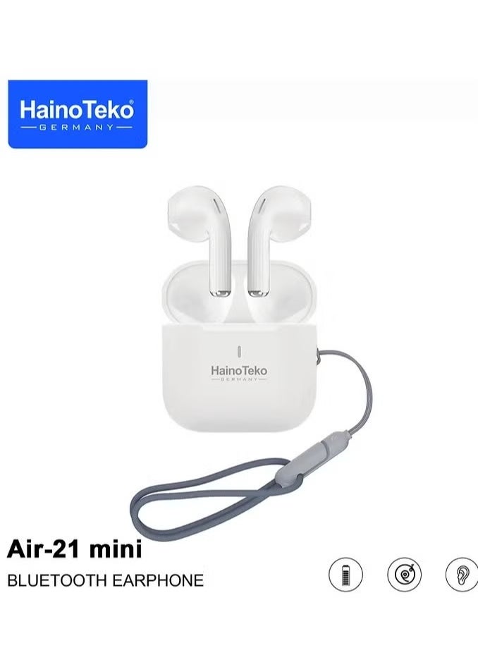 Wireless AIR-21 In-Ear Bluetooth Earphones with Free Cover & Hook – Premium Sound Quality, Comfortable Fit, and Secure Design – Original Quality, Compatible with iOS & Android Devices – White, Ideal for Sports, Music, and Calls