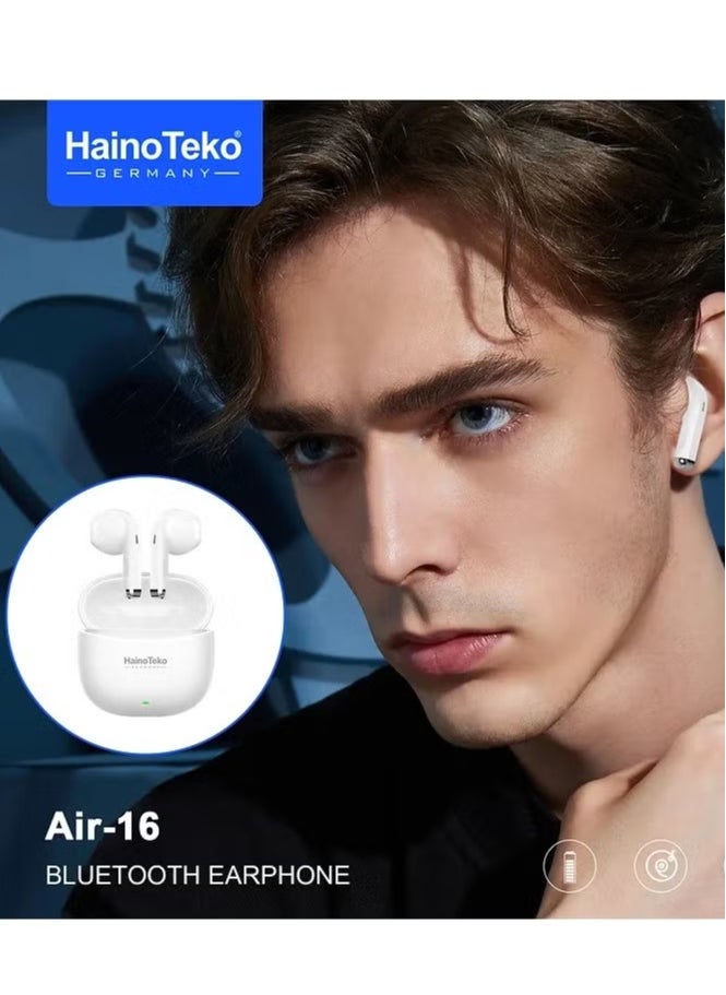 Wireless AIR-16 In-Ear Bluetooth Earphones | Premium Quality with Free Cover & Hook | Compatible with iOS & Android Devices | Sleek White Design, Comfortable Fit, Superior Sound