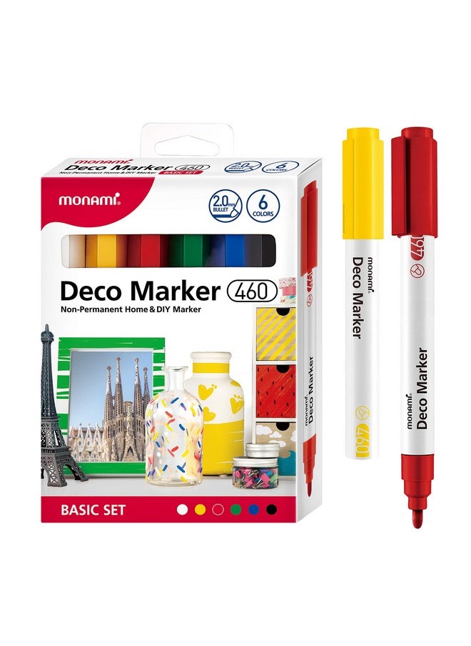 Deco Marker 460, Bullet Tip (2.0Mm), Water-Based Premium Acrylic Paint Markers For Home Decorations, Arts, Crafts, Basic 6-Pack (White, Yellow, Red, Green, Blue, Black)