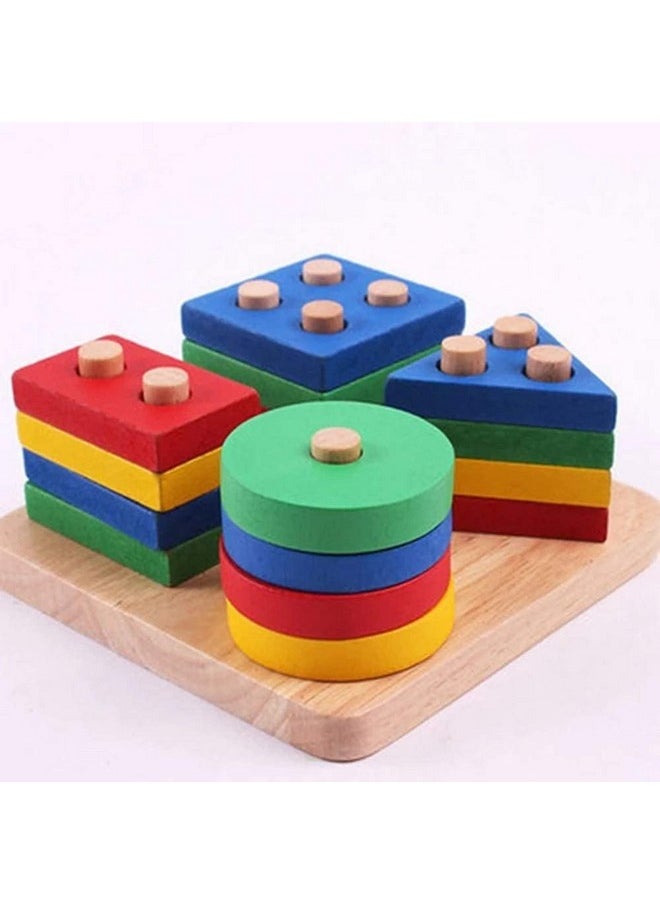 SVK Dream Wooden Shapes Square Column Multi Color Blocks Sorting & Stacking Toys for Kids Toddlers Geometric Sorting Board Stack, Educational Building Blocks Toy- Multi Color