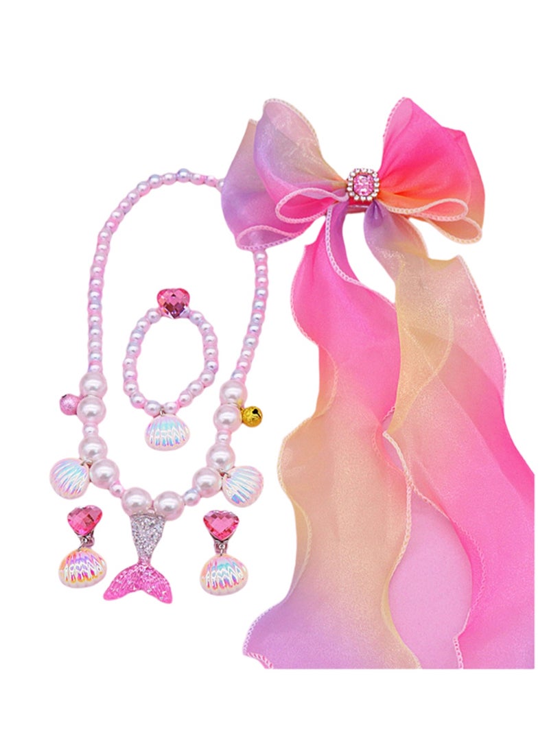 6-Piece Pink Headband Mermaid Necklace Bracelet Ring Earrings Jewelry Set Children'S Birthday Gift Girl Mermaid Party Decorations