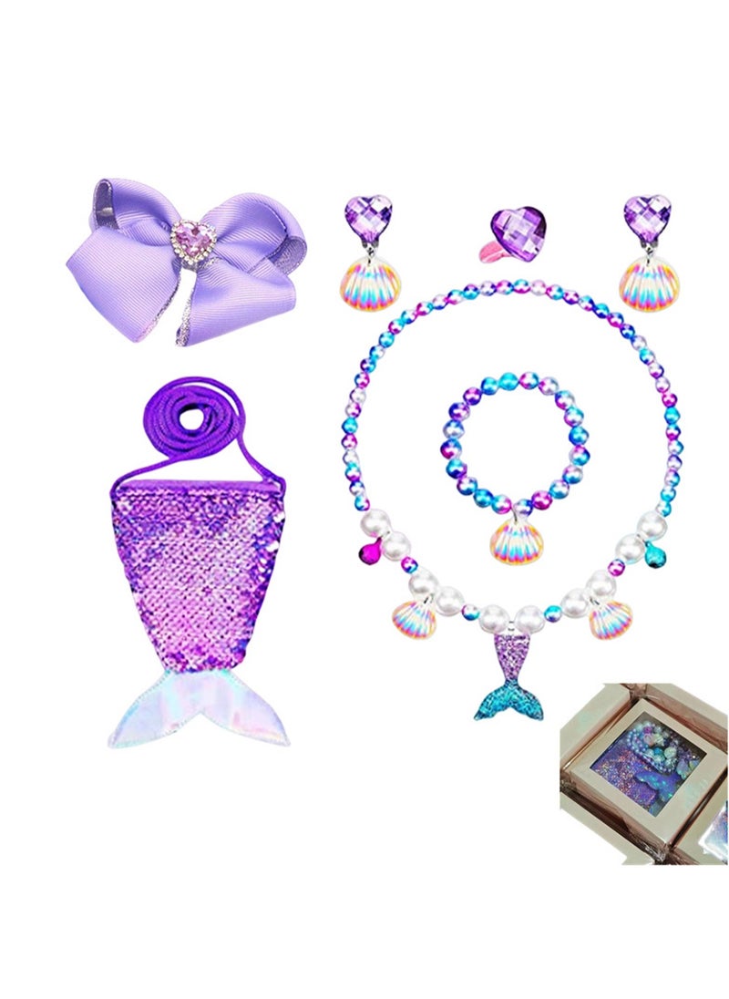 Bow Tie Diamond Hairpin + Fishtail Purple 5-Piece Set + Fishtail Bag Mermaid Necklace Bracelet Ring Earrings Jewelry Set Children'S Birthday Gift Girl Mermaid Party Decorations