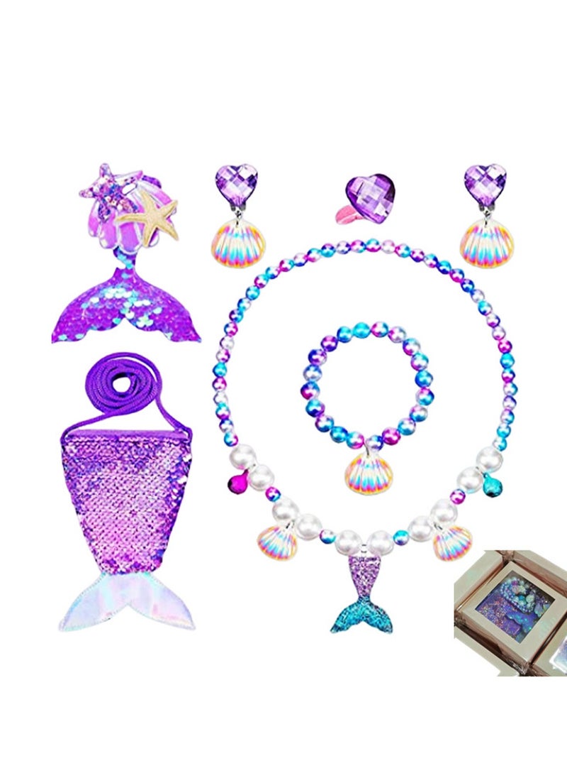 Sequin Hairpin + Fishtail Purple 5-Piece Set + Fishtail Bag Mermaid Necklace Bracelet Ring Earrings Jewelry Set Children'S Birthday Gift Girl Mermaid Party Decorations